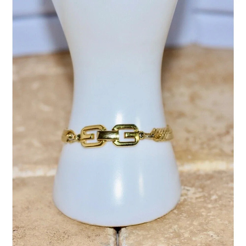 Vintage Givenchy Herringbone Gold Plated Chain Bracelet with Logo Clasp, 1980s